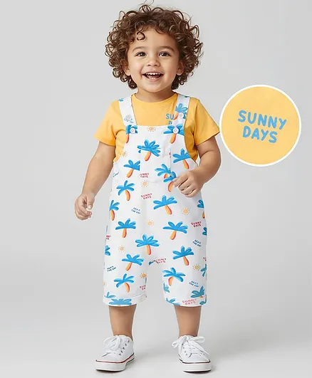 Babyhug Single Jersey Knit Dungaree with Tree Print & Half Sleeves  T-Shirt - White & Orange