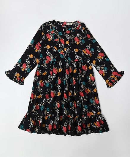 Bella Moda Full Sleeves Floral Printed With Pearl Embellished Dress - Black