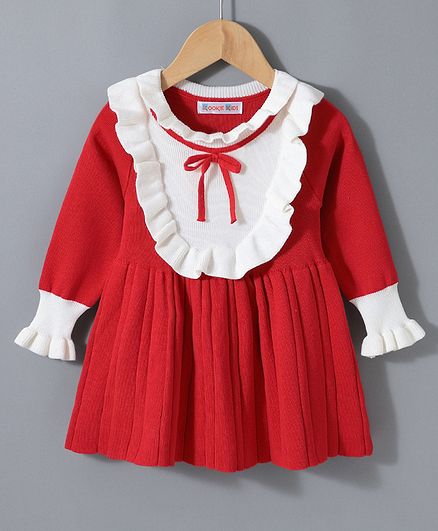 Kookie Kids Full Sleeves Winter Frock with Frill Detailing - Red