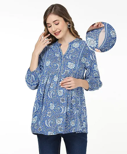 Bella Mama Woven Three Fourth Sleeves Flower Printed Maternity Top With Border - Blue