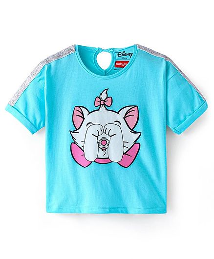 Babyhug Disney Cotton Knit Half Sleeves Oversized Drop Shoulders T-Shirt with Sequinned Detailing & Marie Graphic - Blue