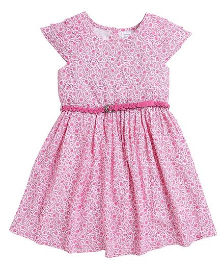 Funshine Cap Sleeves Flower Printed Fit & Flared Dress - Pink