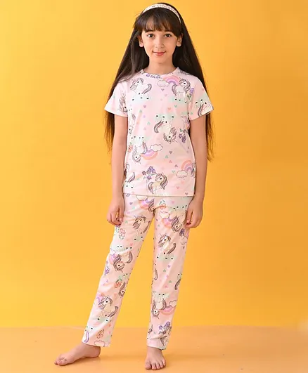 Anthrilo 100% Organic Cotton Knit Half Sleeves Unicorn Heart Printed Coordinating Night Suit - Pink