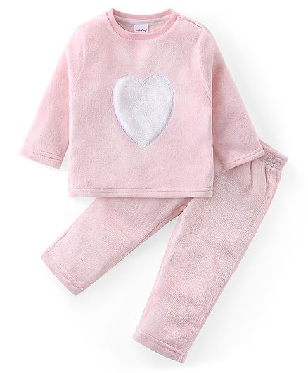 Babyhug Fur Woven Full Sleeves Winter Wear Suit With Heart Design - Pink