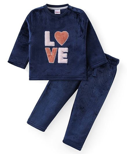 Babyhug Fur Woven Full Sleeves Winter Wear Suit With Text Print - Navy