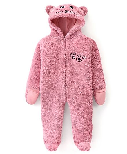 Babyhug Woven  Winter Wear Full Sleeves Footed & Hooded  Romper with Teddy Design - Pink