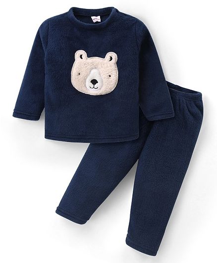 Babyhug Fur Woven Full Sleeves Winter Wear Suit With Bear Design - Navy