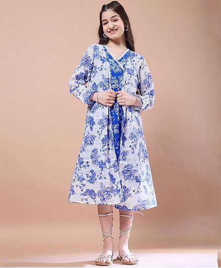 Pspeaches Floral Printed Dress With Three Fourth Sleeves Shrug - Blue