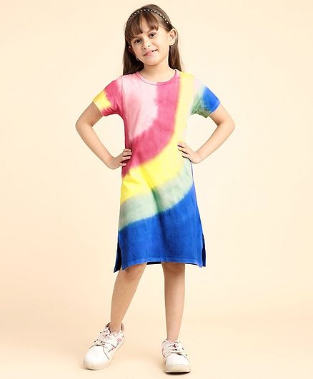 Little Marine Half Sleeves Tie  Dye A Line Dress - Multi Color