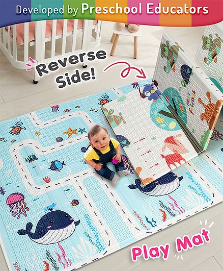 Intelliskills Extra Large Reversible Jungle Animals & Ocean Life Baby Learning & Crawling Foldable Play Mat | Waterproof | Anti-Skid | 6.5 x 4.5 ft, 0.6cm Thick