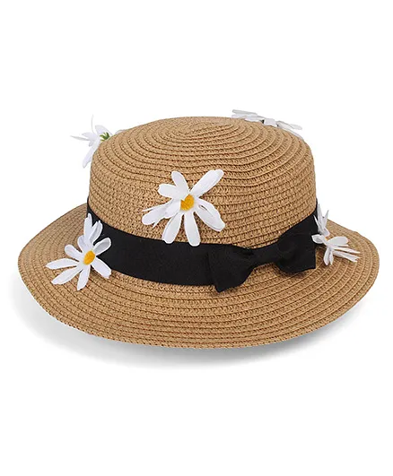 Babyhug Floral & Bow Design Hat With Adjustable String - Brown