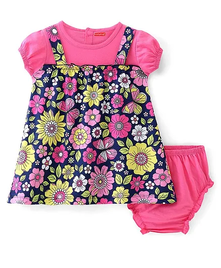 Babyhug Cotton Jersey Knit Half Sleeves Frock with Bloomer Floral Print - Pink