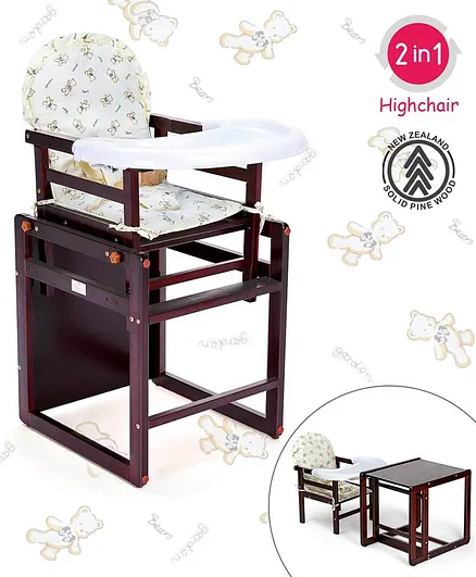 Babyhug Verona 2 In 1 Wooden High Chair With Removable Cushioned Seat & 2 Point Safety Harness - Dark Brown