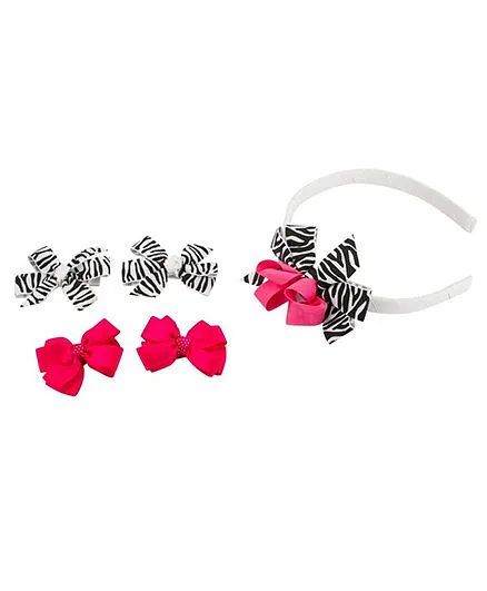 Babies Bloom Ribbon Hair Bow And Hairband Set Stripes Printed Set of 5 - Pink And Black