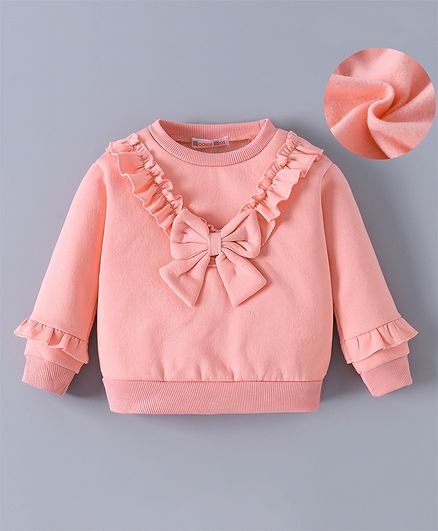 Kookie Kids Full Sleeves Solid Colour Winter Top With Frill & Bow Detailing - Pink