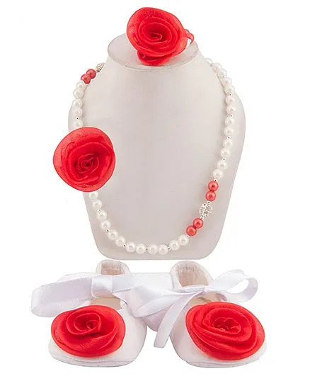 Daizy Set Of Ribbon Booties With Rose Flower Necklace & Bracelet - White