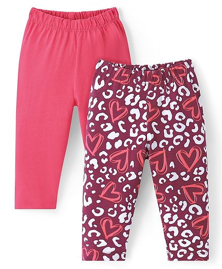 Doodle Poodle 100% Cotton Full Length Heart Printed Leggings  Pack of 2 -Fandango Pink & Bright White