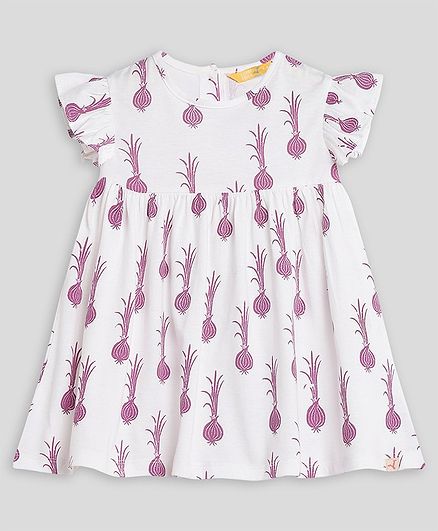 Somersault Frill Sleeves Turnip Printed Dress - White