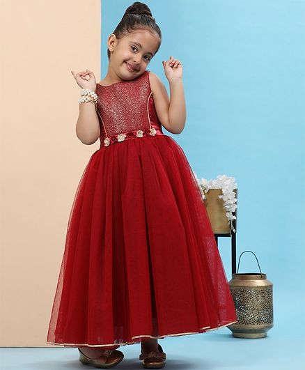 Toy Balloon Kids Sleeveless Floral Applique Net Gown - Burgundy