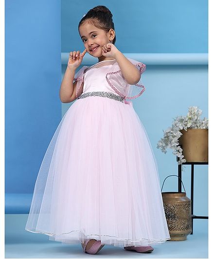 Toy Balloon Kids Flutter Sleeves Lace Embellished Net Party Gown - Baby Pink