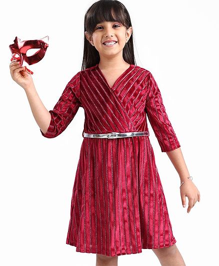 Hola Bonita Full Sleeves Velvet Luxer Striped Overlapping Shimmered Party Frock - Red