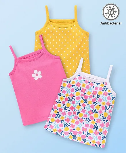 Babyhug 100% Cotton Sleeveless Antibacterial Slips  with Floral & Polka Dot Print Pack of 3 - Multicolour