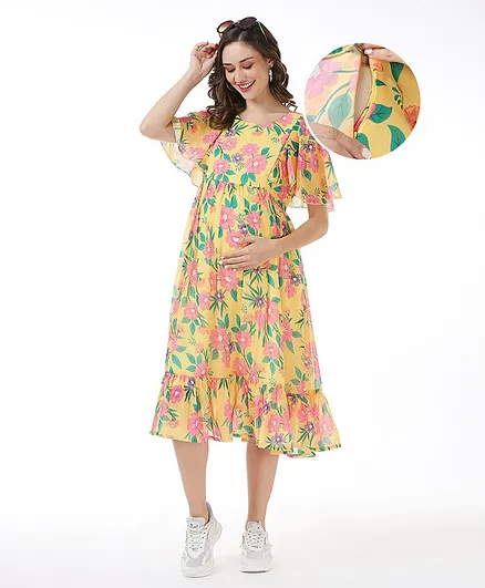 Bella Mama Woven Flutter Sleeves Maternity Dress with Pocket Floral Print - Yellow