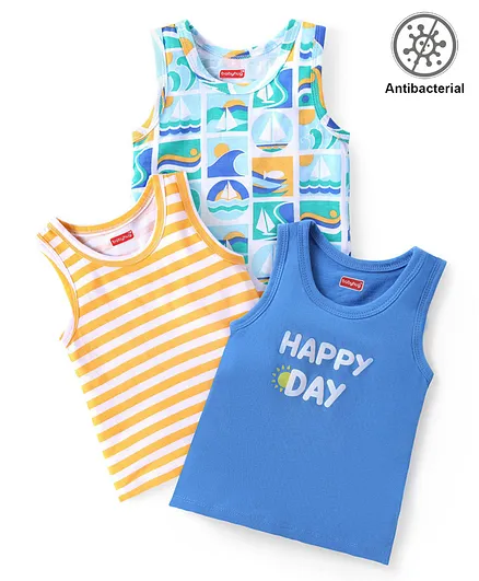 Babyhug 100% Cotton Knit Sleeveless Antibacterial Striped Sando Boat Print Pack of 3 - Multicolor