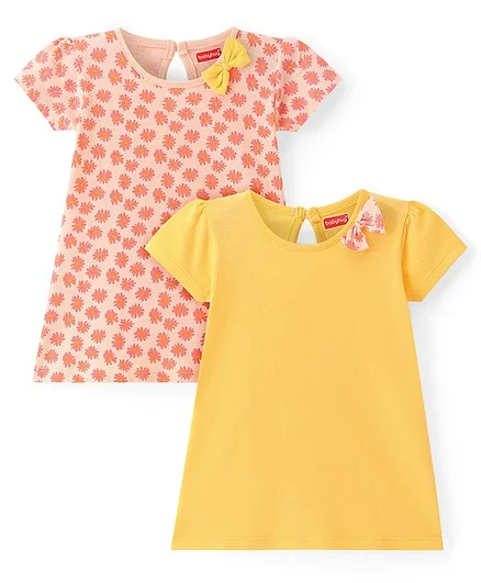Babyhug Single Jersey Knit Half Sleeves Frocks With Floral Print & Bow Applique Pack of 2 - Peach & Yellow