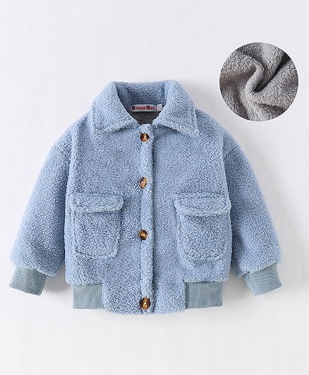 Kookie Kids Full Sleeves Collar Neck Front Open Fur Jacket - Blue