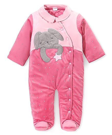 Babyhug Velouer Woven Full Sleeves Romper with Elephant Patch - Pink