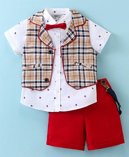 ToffyHouse Poplin Woven Half Sleeves Checkered 3 Piece Party Suit with Bow & Suspender - Red