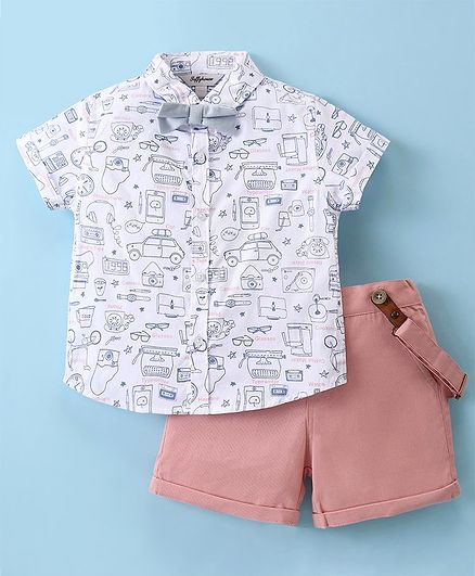 ToffyHouse Poplin Woven Half Sleeves Car Printed Shirt & Shorts Set with Bow & Suspender - Peach & White