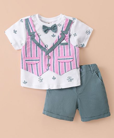 ToffyHouse Poplin Half Sleeves T-Shirt & Shorts Set with Attached Waistcoat & Bow - Teal