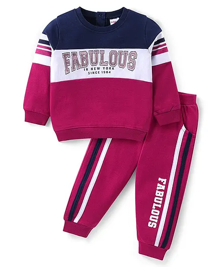 Babyhug Cotton Terry Knit Full Sleeves T-Shirt & Lounge Pants Set With Text Print - Maroon & Navy