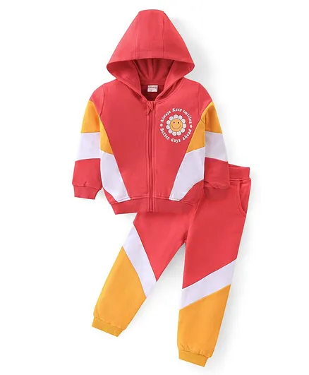 Babyhug Cotton Terry Knit Full Sleeves Hooded T-Shirt & Lounge Pants Set With Floral Print - Red & Yellow