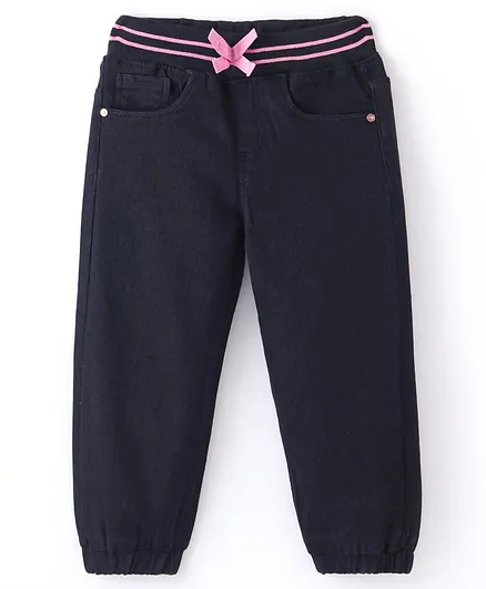 Buy Babyhug Denim Full Length Joggers with Bow Applique Black