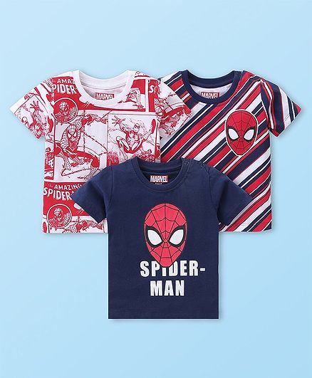 Babyhug Marvel Cotton Knit Half Sleeves T-shirt With Spiderman Graphics Pack of 3 - Red & Navy Blue