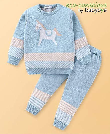 Babyoye 100% Cotton Knitted Full Sleeves Sweater Set with Horse & Chevron Design - Light Blue