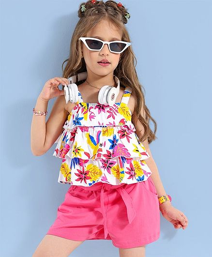 Ollington St. 100% Cotton Layered Singlet Top & Paperbag Shorts Set With Floral Print - White & Pink