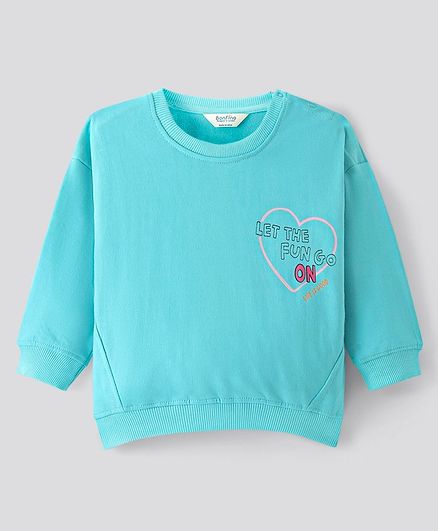 Bonfino 100% Cotton French Terry Full Sleeves Oversized Drop Shoulder Sweatshirt with Heart & Text Print- Blue