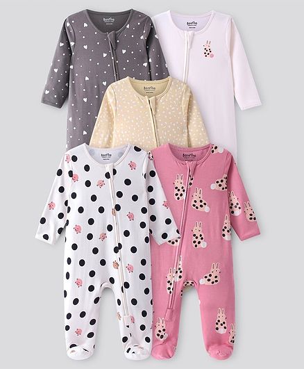 Bonfino 100% Cotton Knit Full Sleeves Sleep Suits With Polka Dots Hearts & Animal Print Pack Of 5 - Grey White Pink Ivory & Sand