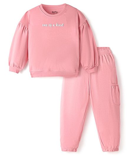 Bonfino 100% Cotton Knit Full Sleeves T-Shirt & Lounge Pants Set With Text Applique - Pink