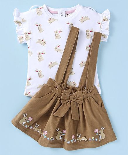 ToffyHouse Cotton Woven Half Sleeves Bunny Printed Top & Embroidered Skirt - White & Brown