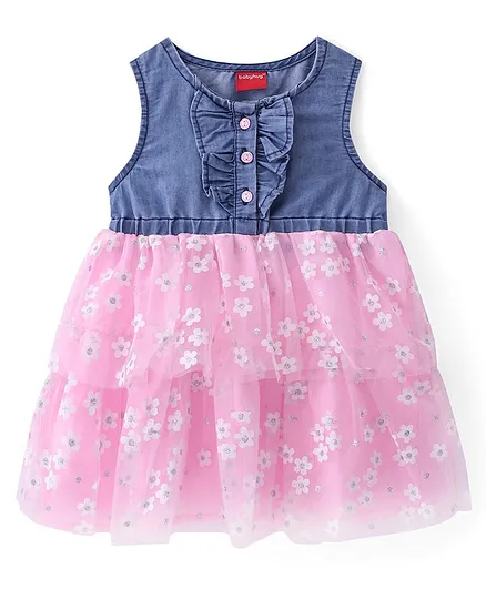 Babyhug Chambray Woven Sleeveless Layered Frock with Frill Detailing & Floral Print - Blue & Pink