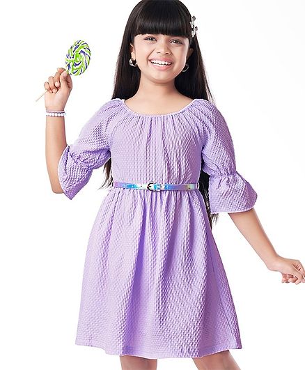 Hola Bonita Woven Half Puff Sleeves Frock with Belt Detailing - Lilac