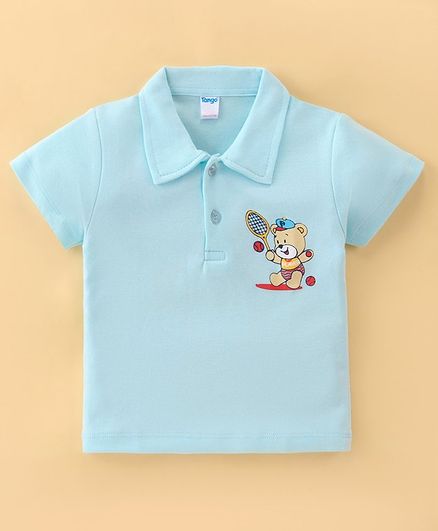 Tango Single Jersey Half Sleeves Polo Neck T-Shirt with Bear Print - Aqua Blue