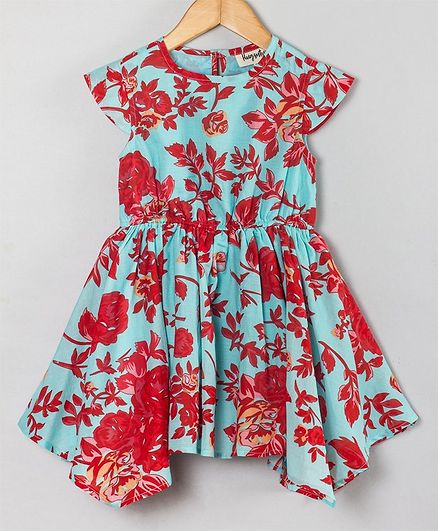 Hugsntugs Cap Sleeves Floral Printed High Low Dress - Turquoise