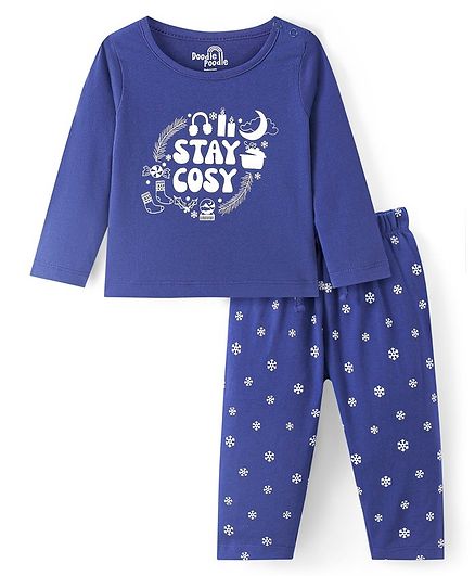 Doodle Poodle 100% Cotton Knit Full Sleeves Night Suit With Text Print - Navy