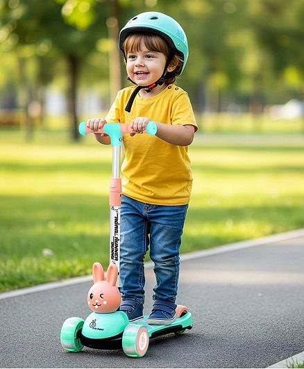 R for Rabbit Road Runner Bunny Kids Scooter, 3 Level Adjustable Height, Smart Fold & PU LED Wheels Kick Scooter with Brake for 3+ Years Kids, Weight Capacity upto 75kgs (Green Peach)